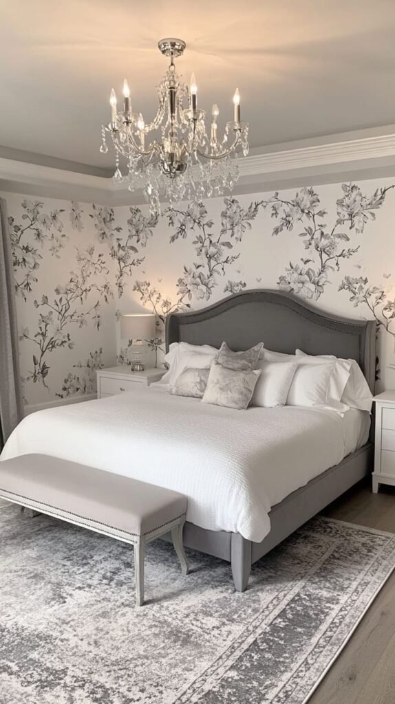 Light botanical bedroom wallpaper in green and white tones for a serene feel.