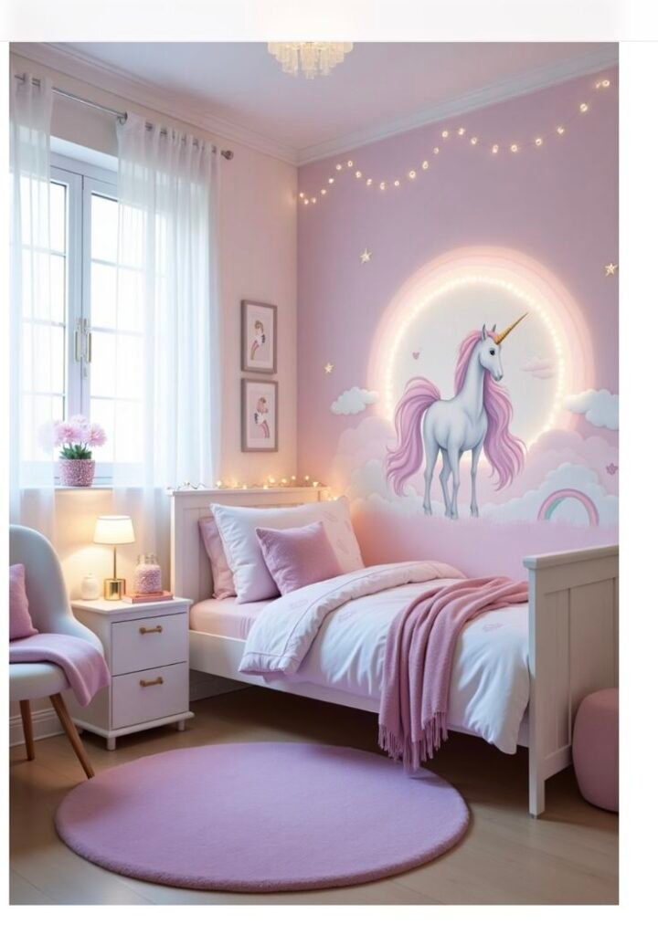 A girls’ bedroom with a unicorn and stars kids room wallpaper, featuring soft purple and pink tones with cozy lighting.