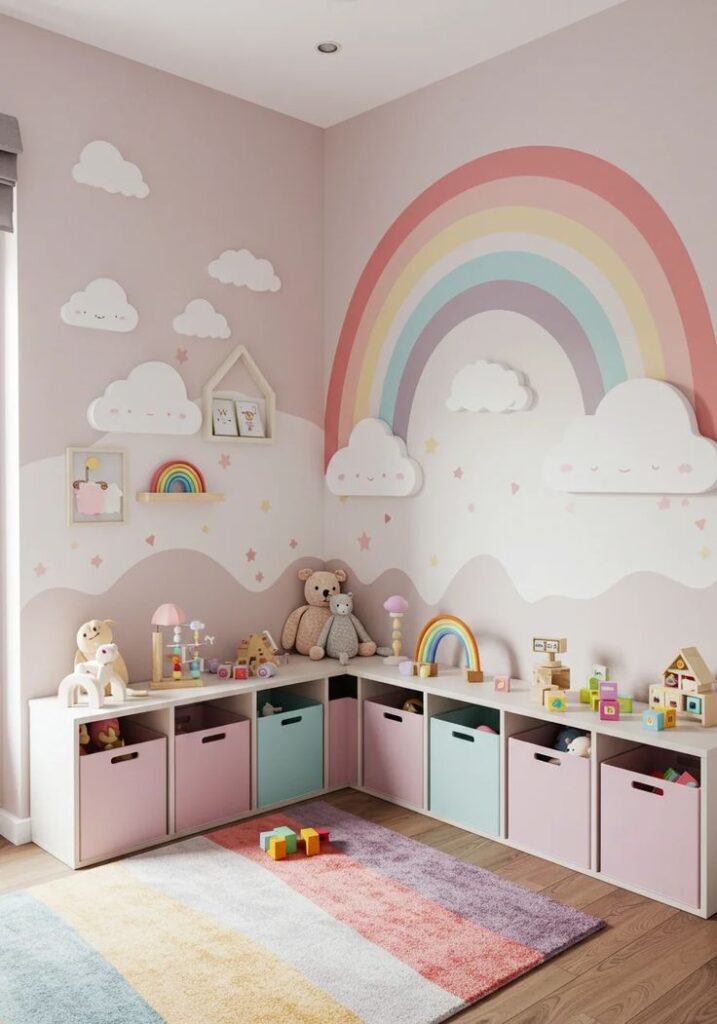 Pastel rainbow kids room wallpaper on a nursery wall with cloud accents, toy shelves, and a calming toddler space.