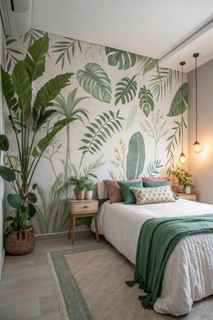 Vibrant bedroom wallpaper showcasing large green tropical leaves and natural wood elements.