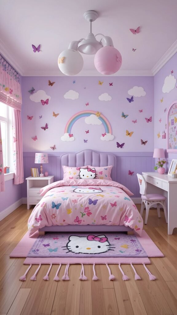Kids bedroom with lavender walls and rainbow kids room wallpaper, accented with stars and clouds in pastel tones.