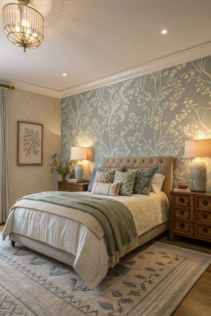 Cozy bedroom wallpaper featuring green leafy patterns and neutral decor.