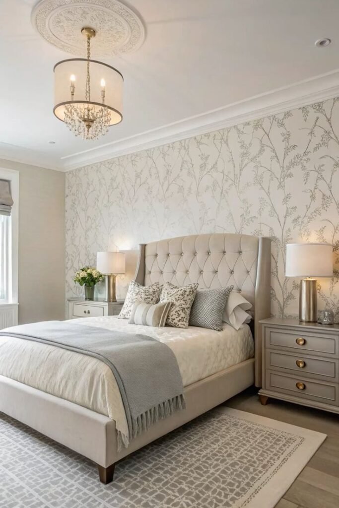 Sophisticated bedroom wallpaper with large grayscale floral mural behind the bed.