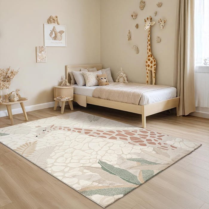 Soft beige play rug for toddlers with subtle animal and tree patterns.