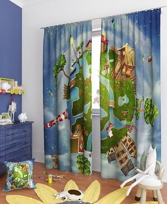 Bright pink curtain with cartoon bears and hearts in a decorated children’s room