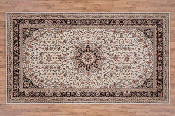 Traditional Persian rug with light beige tones and intricate floral medallion design.