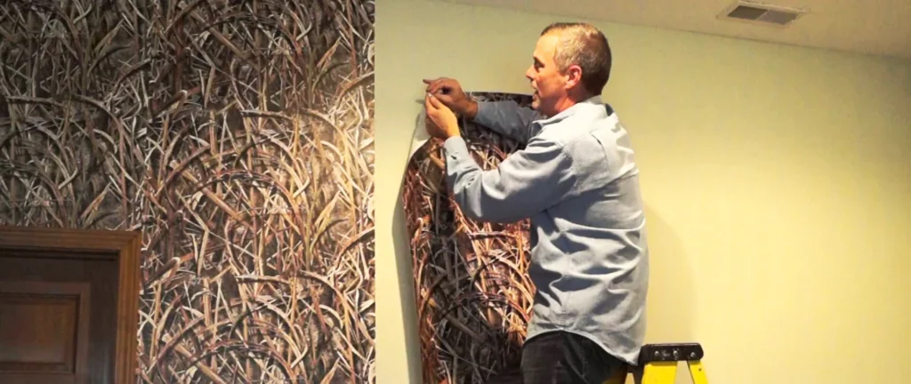 Men and women performing wallpaper fixing on different wall surfaces and ceilings.