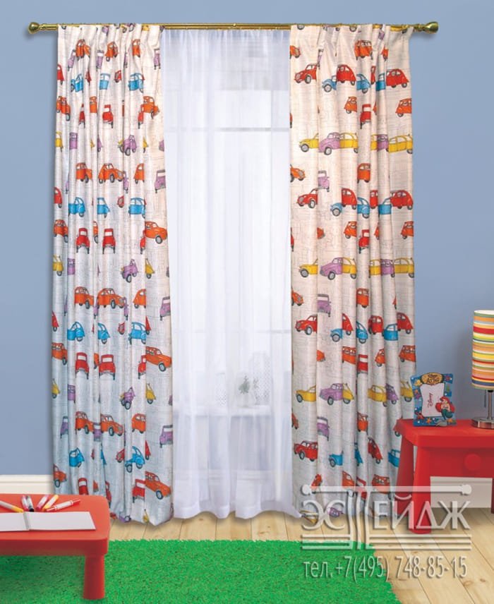 White and beige curtains with red and blue cartoon characters
