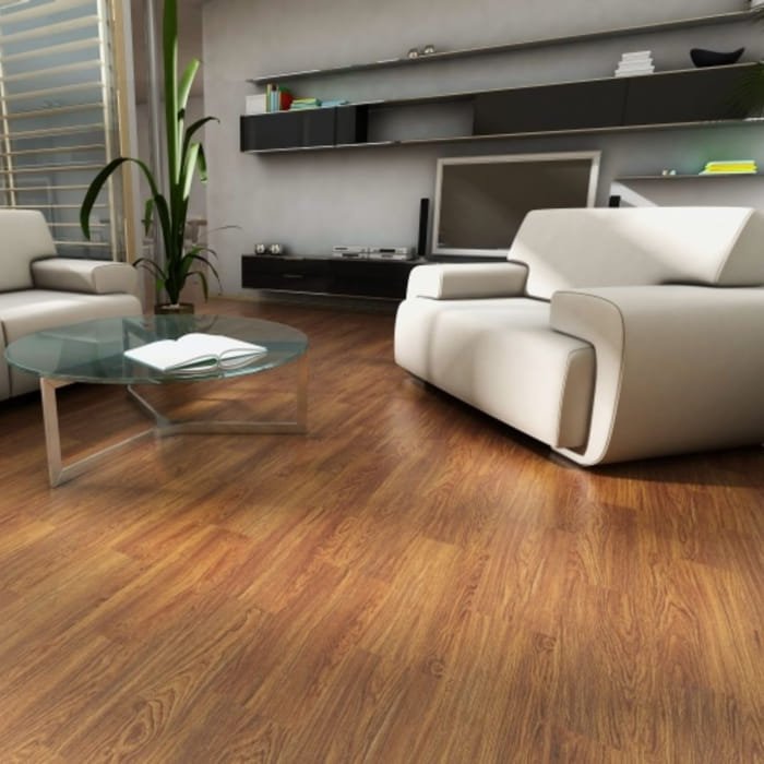 Minimalist living room featuring dark-toned wooden floors and white modern furniture.
