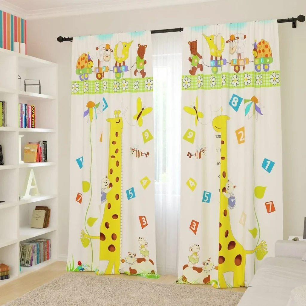 Yellow curtains with green cartoon dinosaurs in a themed kids' room
