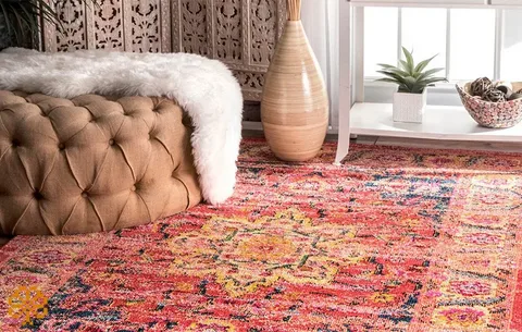 Vibrant Persian rug with multicolor red and orange patterns, ideal for modern and classic décor.