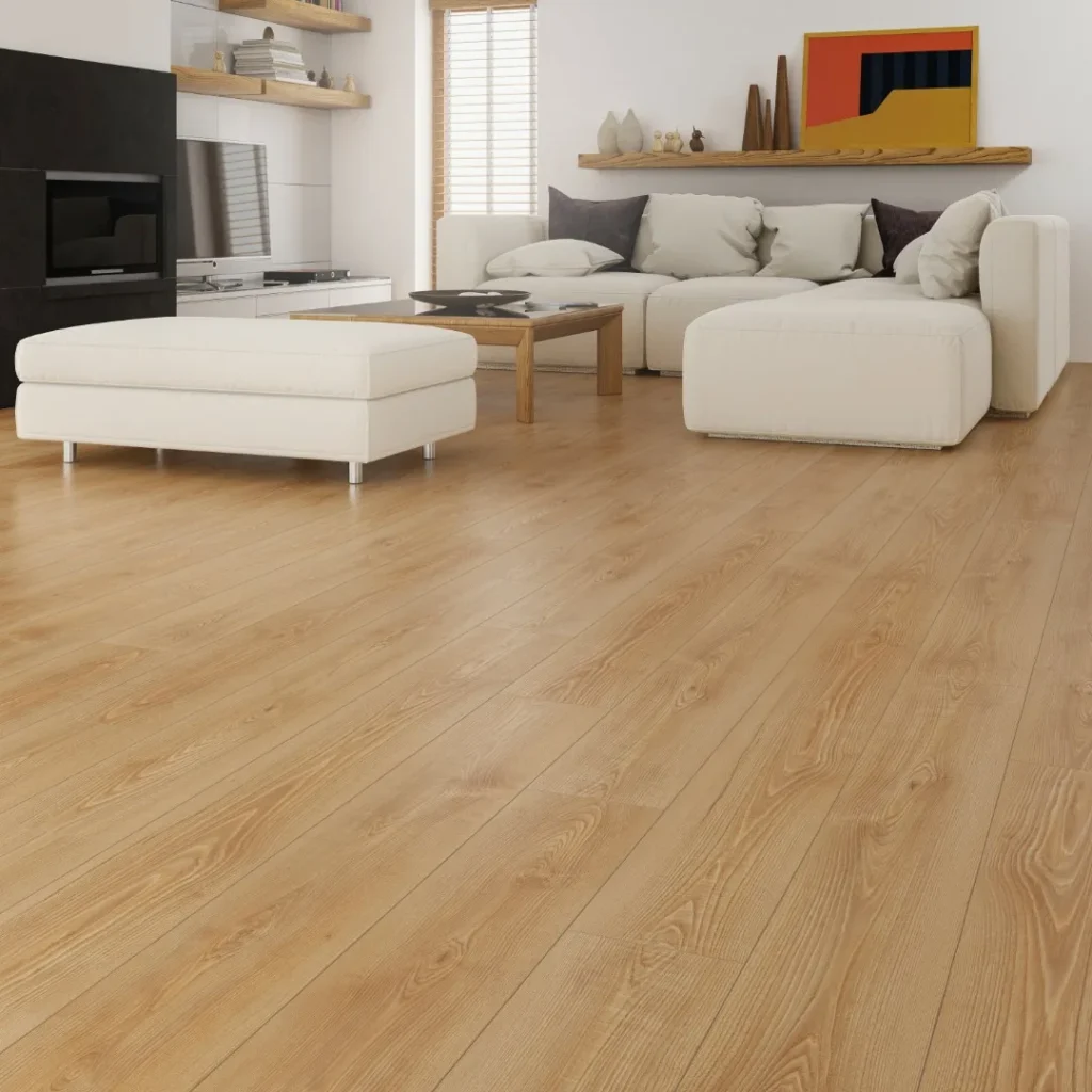 Modern living room with light oak wooden flooring and white sectional sofa.