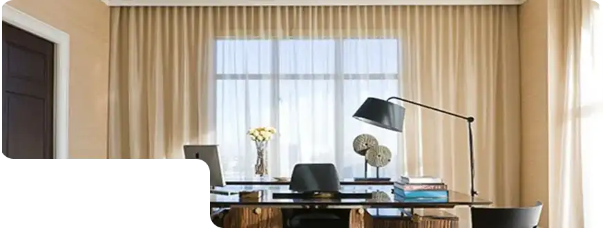 Beige office curtains with sheer layer in a professional workspace