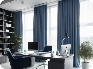 Dark blue curtains in a modern white office setup