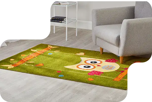 Green kids carpet with cute owl design for children’s room in Dubai