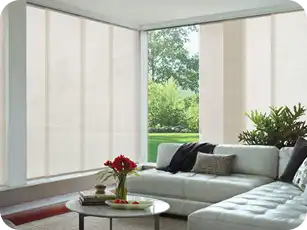 Minimalist white panel blinds covering large windows in a Dubai luxury home.