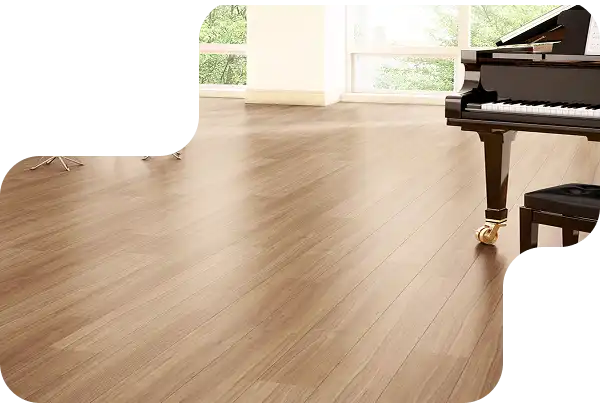 Elegant room with wood-look PVC flooring and a black grand piano near large windows.