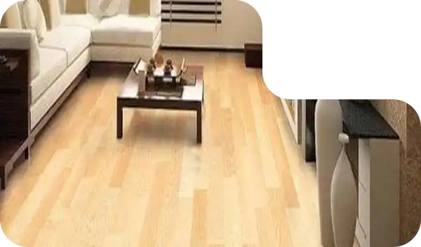Contemporary living room with light wood-look PVC flooring, white sectional sofa, and a central coffee table.