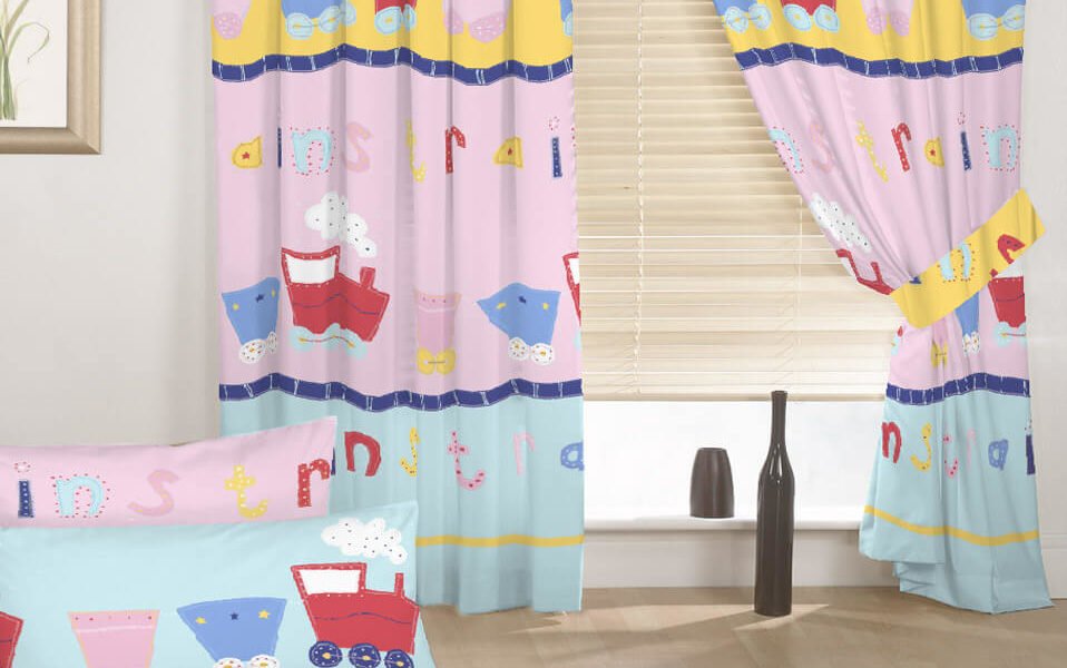 Pink and purple cartoon curtains for children's room with car and boat prints