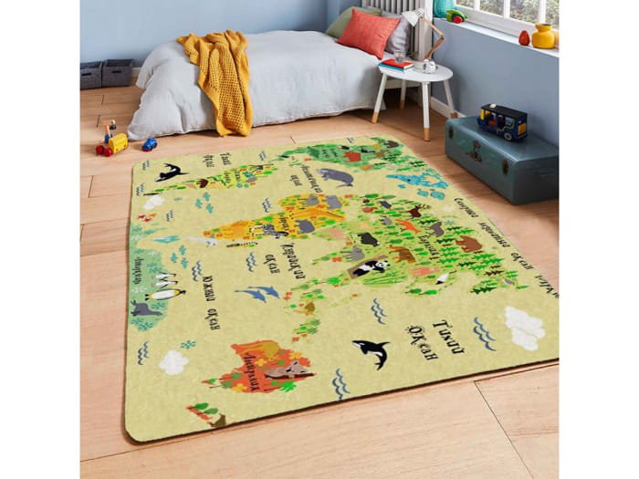 Play mat for kids featuring animals, trees, and nature elements on a beige background.