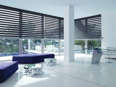 Black and grey zebra blinds in a modern workspace with a blue table
