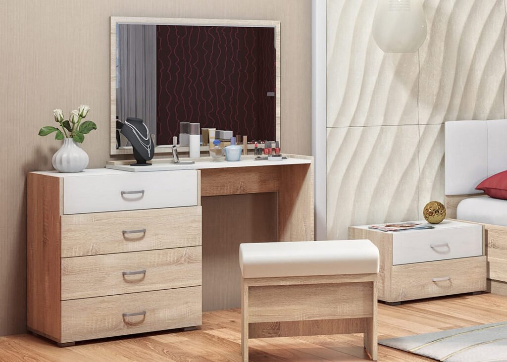Light wood dressing table with rectangular mirror and multiple storage drawers.