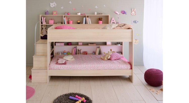Bunk bed for kids with ladder and guard rails.