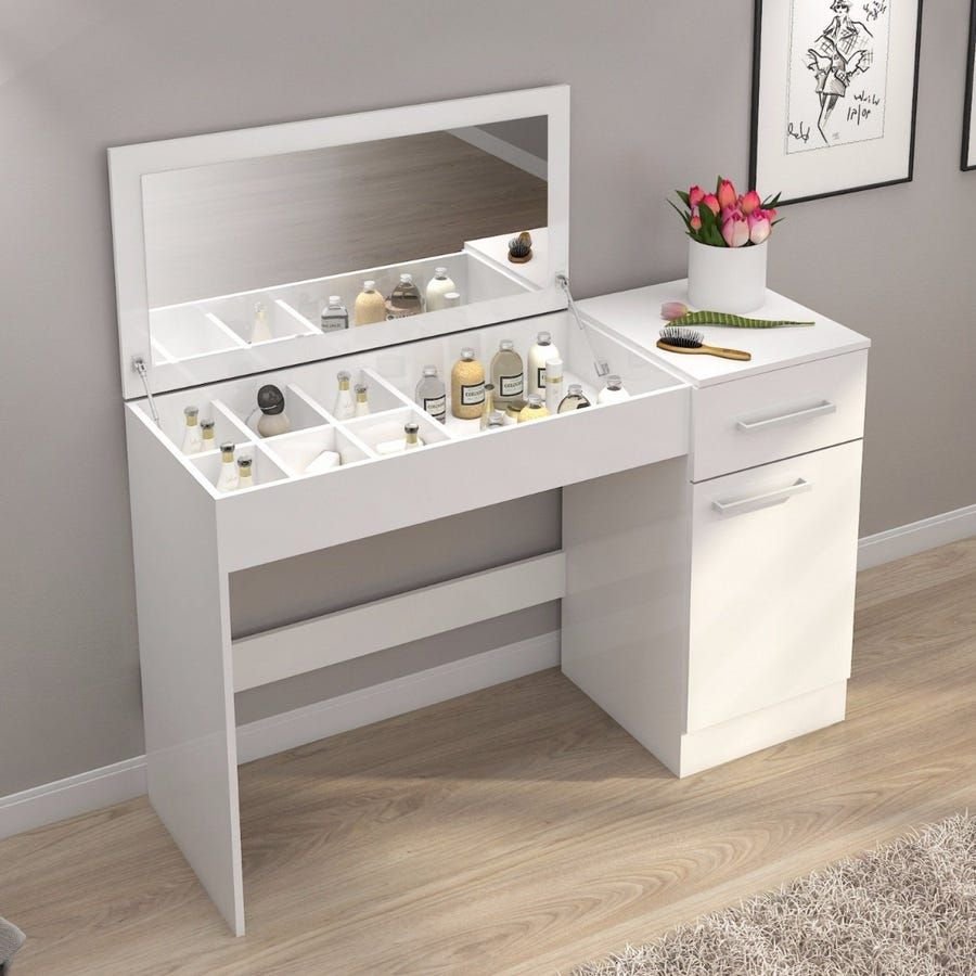 Compact white vanity table with lift-up mirror, jewelry compartments, and storage drawers.