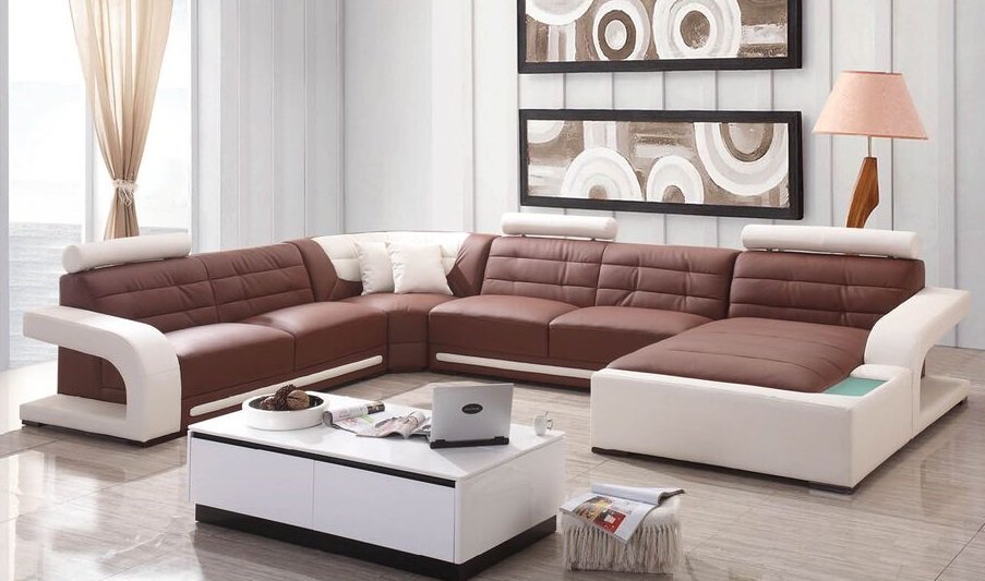 Dark red leather U Shape sofa in a well-lit minimalist living room