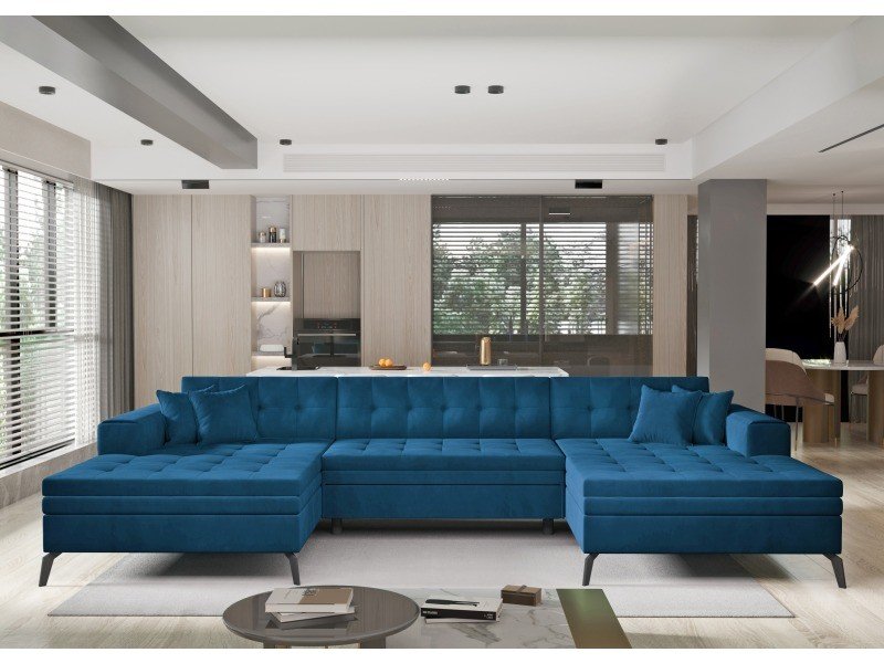Blue velvet U Shape sofa in a stylish living room with modern decor
