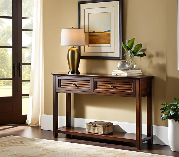 Dark wood console table with two drawers and lower shelf, decorated with books and vase.