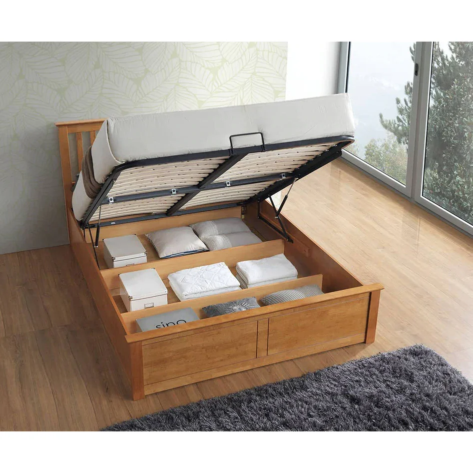 Modern storage bed with cushioned headboard and under-bed drawers.