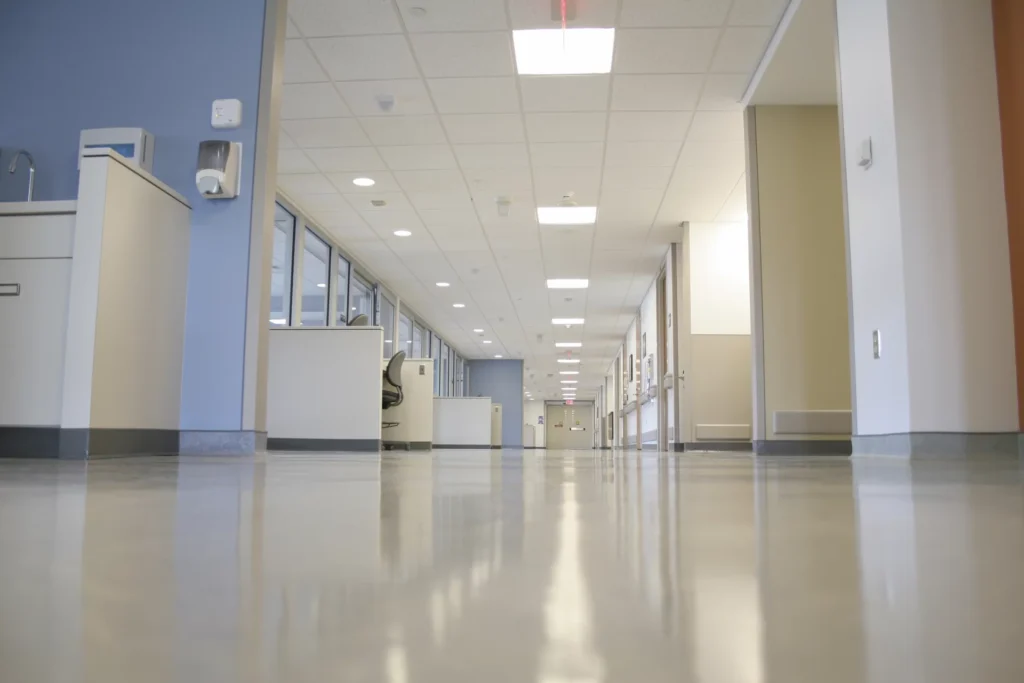 Antibacterial hospital flooring with modern design and durability.