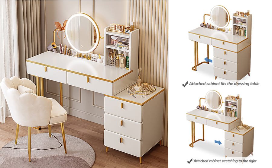 Modern wooden dressing table with round mirror, side shelves, and storage drawers.