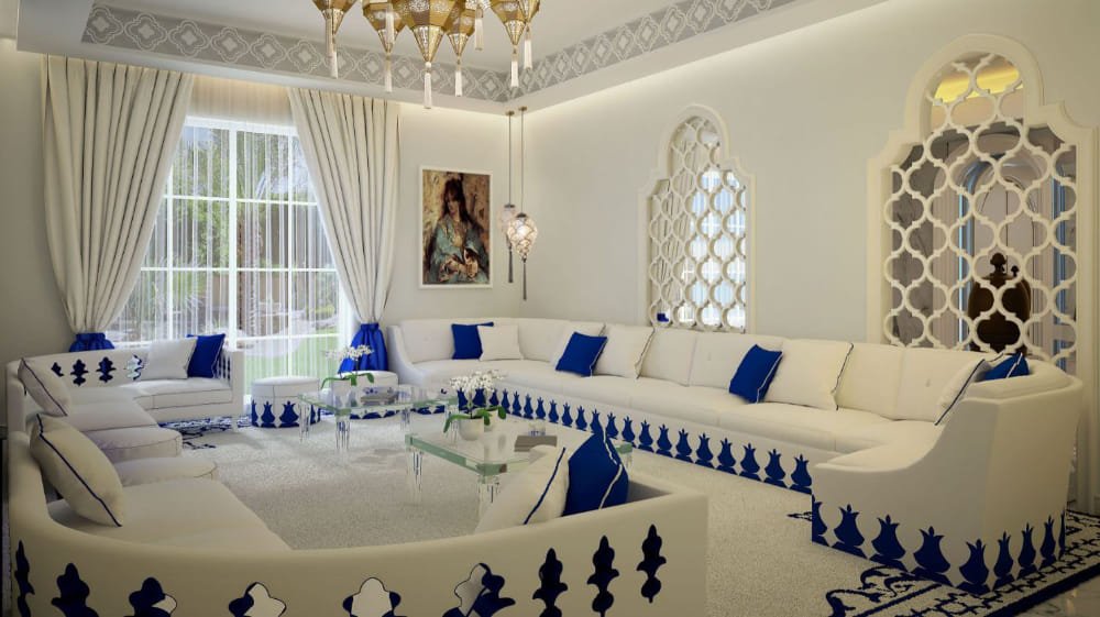 White and blue majlis with modern chandelier and spacious layout