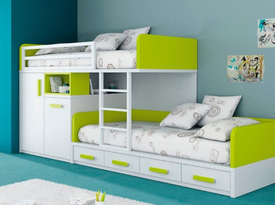 Wooden kids bed with storage drawers and modern design.