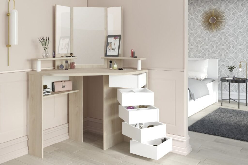 Corner vanity dressing table in white with large mirror, drawers, and storage space.