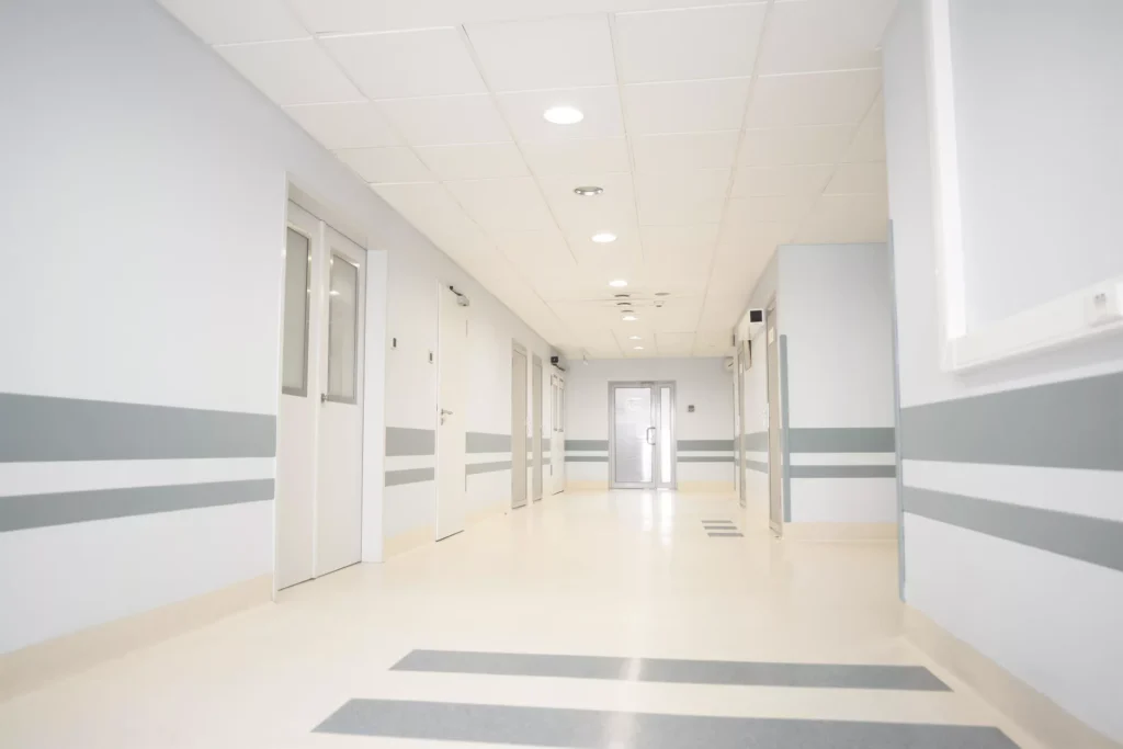 Slip-resistant healthcare flooring for hospitals and clinics.