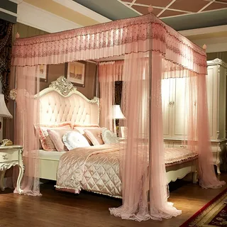 Contemporary canopy bed with minimal black frame and chic interior.