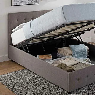 Queen size storage bed with hydraulic lift and soft fabric design.