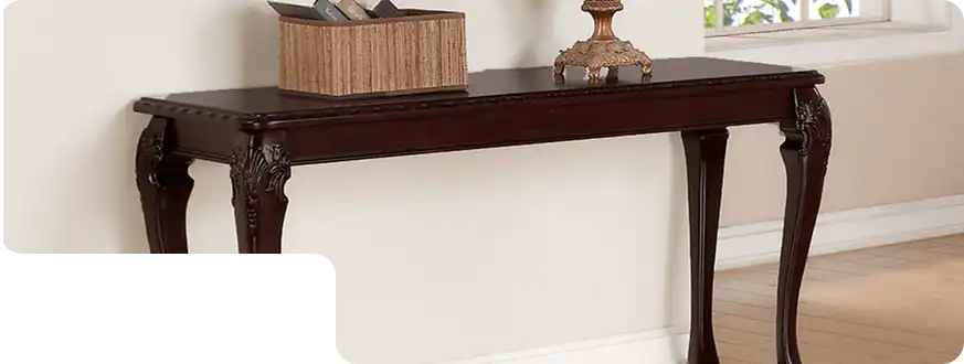 Rustic console table with two-tier wooden shelves for storage and decoration.