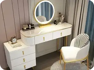 Contemporary black vanity dressing table with LED mirror and stool.