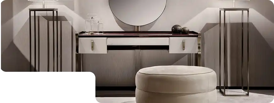 Rustic wooden dressing table with round mirror and open shelves.