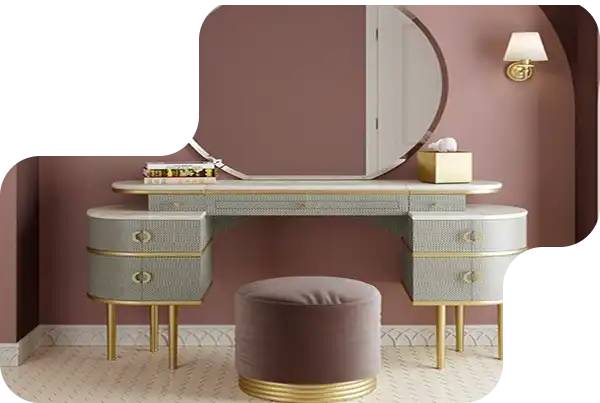 Elegant white vanity with tri-fold mirror, drawers, and cushioned bench.