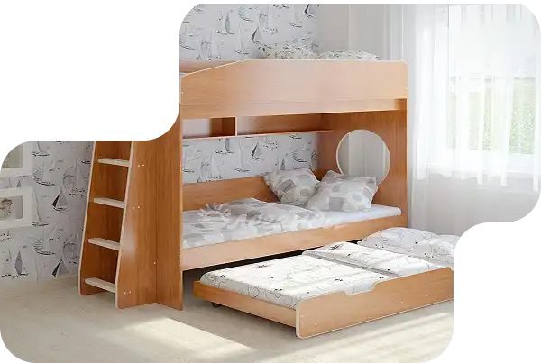 Colorful bunk bed with storage and bookshelves.