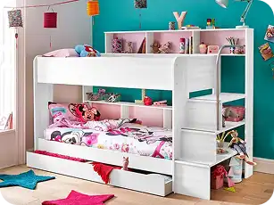 Modern wooden kids bed with study desk attached.