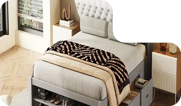 Elegant leather storage bed with hydraulic lift system.