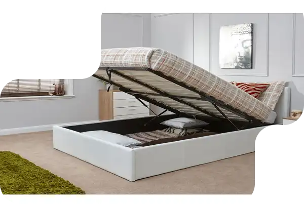 Classic wooden bed with hidden under-bed storage compartments.
