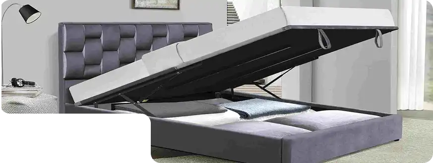 Fabric upholstered storage bed with modern headboard design.