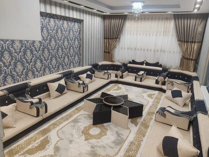 Traditional Arabic majlis sofa interiors with ornate seating, carpets, and elegant decor styles